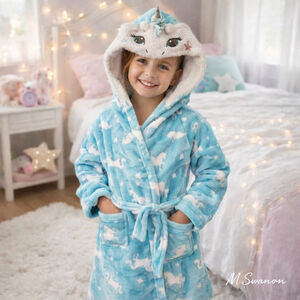 Cuddl Duds Unicorn Hooded Fleece Robe – Girls Size 6X – Blue/White